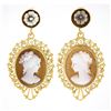 Image 1 : Vintage 14k Gold Carved Shell Cameo w/ Open Filigree Frame Drop Dangle Earrings