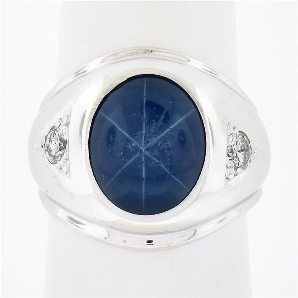 Mens 14k White Gold Simulated Lindy Blue Star Sapphire & Diamond Pinky Dome Ring