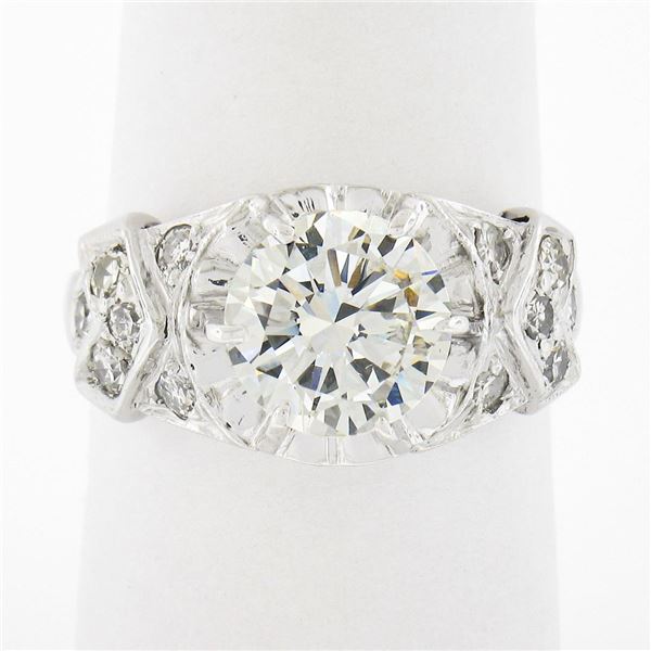 Vintage Platinum 2.15 ctw GIA Round Prong Set Diamond w/ Accents Engagement Ring