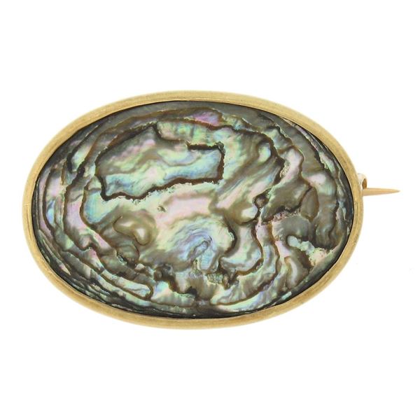 Vintage Mid Century 14k Gold Oval Cut Bezel Iridescent Abalone Shell Pin Brooch