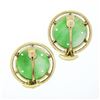 Image 6 : Vintage 14K Gold Carved Jade Large Round Multi Prong Set Button Clip On Earrings