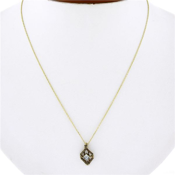 Antique Art Nouveau 14K Gold Aquamarine Hand Etched Open Petite Pendant & Chain