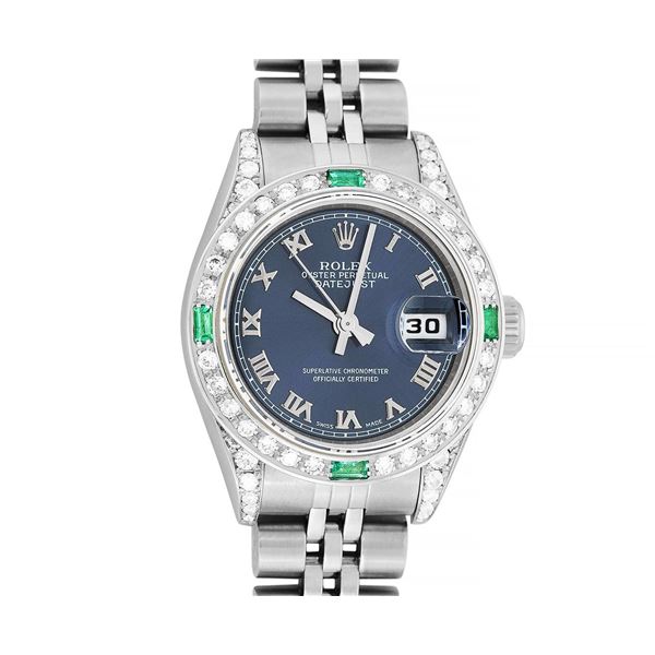 Rolex Ladies Quickset Stainless Steel Blue Roman 18K White Gold Diamond & Emeral