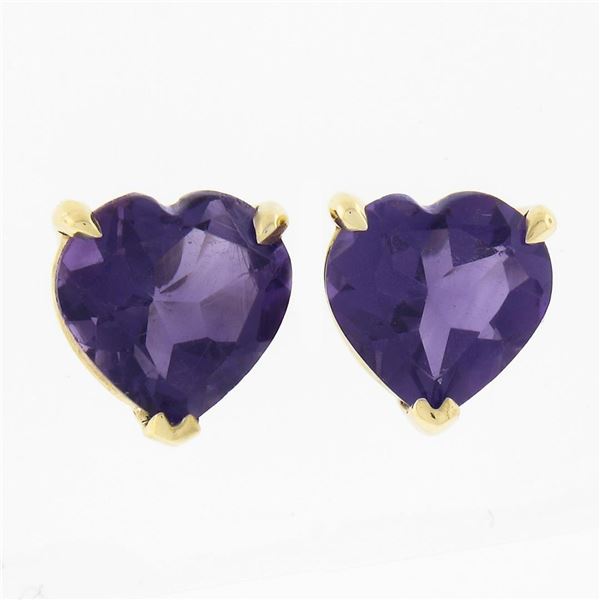 Estate 14K Yellow Gold 1.35 ctw Heart Prong Set Amethyst Solitaire Stud Earrings