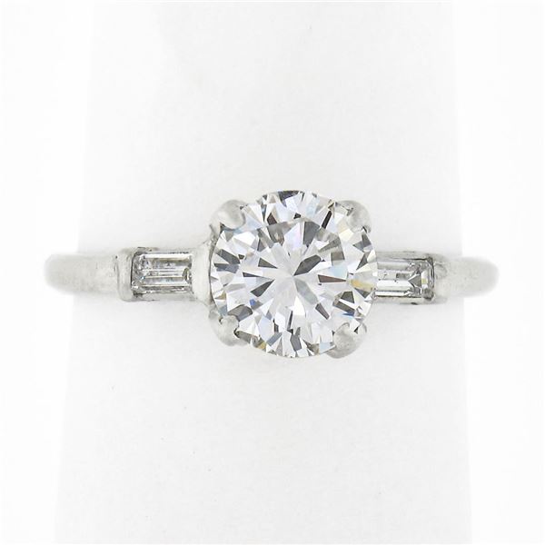 Vintage Platinum 1.14 ctw GIA Round Diamond w/ Baguette Accent Engagement Ring