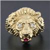 Image 2 : Mens 14k Yellow Gold.13 ctw Ruby Diamond Eyes Detailed Textured 3D Lion Head Rin