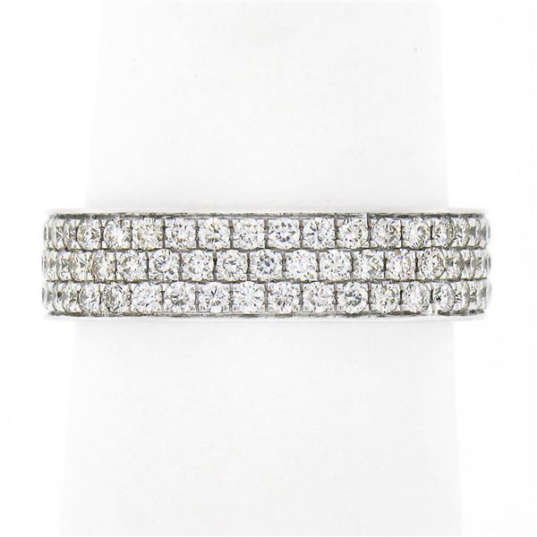 18k White Gold 1.20 ctw Pave Set Round Diamond Squared 3 Row Eternity Band Ring