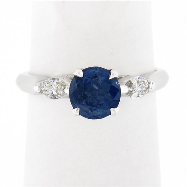 Vintage 14k White Gold 1.28 ctw GIA Round Sapphire & Marquise Diamond Accents Ri