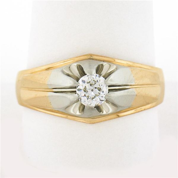 Men's Antique 18K TT Gold 0.42 ctw Old European Diamond Belcher Solitaire Ring
