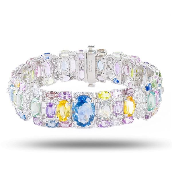 44.89 ctw UNHEATED MultiColor Sapphire and 2.59 ctw Diamond Platinum Bracelet (G