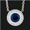 Image 3 : NEW 14K White Gold 1.07 ctw Round Sapphire & Diamond Halo Pendant Chain Necklace