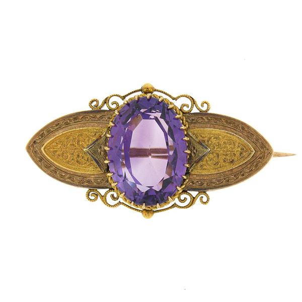 Antique Victorian 18k Gold 13.50 ctw Oval Amethyst w/ Hand Engraved Brooch Pin