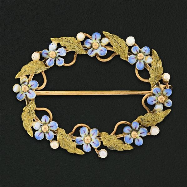 Antique 14K Gold Enamel Flower Seed Pearl & Textured Leaf Oval Wreath Brooch Pin