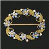 Image 1 : Antique 14K Gold Enamel Flower Seed Pearl & Textured Leaf Oval Wreath Brooch Pin