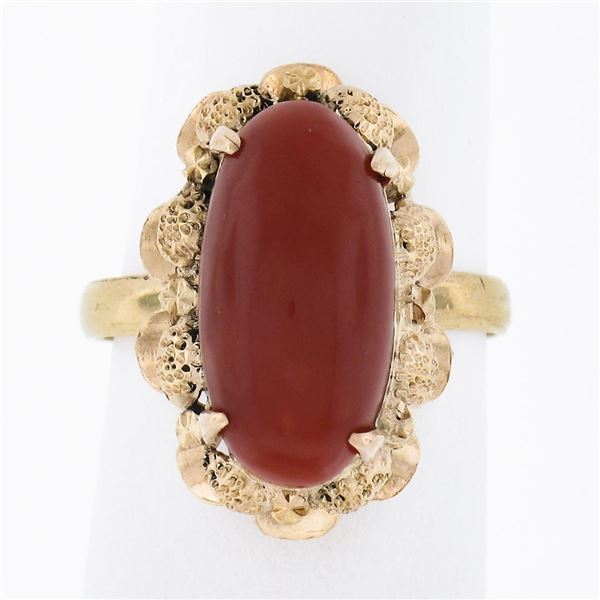 Vintage 18K Rosy Yellow Gold Oval Cabochon Cut Red Coral Textured Cocktail Ring