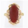 Image 1 : Vintage 18K Rosy Yellow Gold Oval Cabochon Cut Red Coral Textured Cocktail Ring