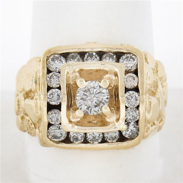 Men's Solid 14K Yellow Gold 1.26 ctw Diamond Solitaire & Halo Nugget Style Ring