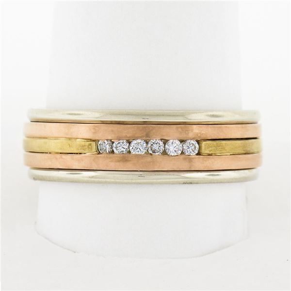 Vintage Mens 14k Multi Tone Gold 0.10 ctw Channel Set Diamond Grooved Band Ring