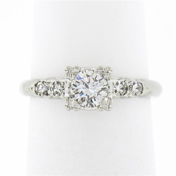 Vintage 14k White Gold 0.46 ctw Round Brilliant Diamond w/ Accents Engagement Ri