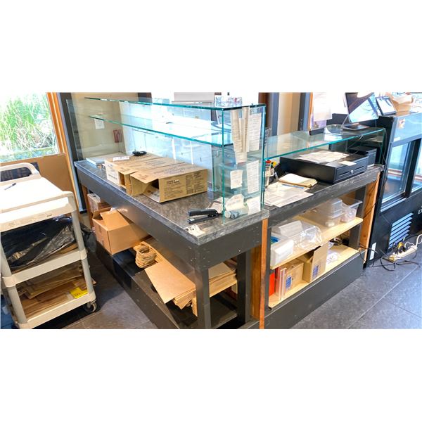 2 DISPLAY COUNTERS WITH BURNT WOOD FINISHED FRONTS AND GRANITE TOPS. ONE IS 72X18 AND OTHER IS