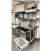 Image 1 : STAINLESS PREP TABLE 72" X 30" WITH TWO UPPER SHELVES AND AFFIXED, ED LUND CAN OPENER. CONTENTS NOT