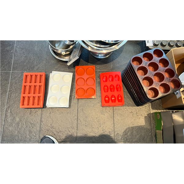 LARGE GROUP OF ASST MUFFIN TINS, MINI MUFFIN TIN AND PASTRY MOLDS. SILICONE AND METAL. 11 STANDARD