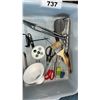 Image 2 : BIN OF KITCHEN ACCESSORIES. EGG CUTTER, CAN OPENER, TONGS, ZESTER, ICING SPREADERS, SCRAPER, BAKING