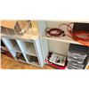 Image 1 : GROUP LOT OF TWO SHELVES, GLASS PITCHERS, CANDLE LANTERNS, EXTENSION CORDS, MINI STORAGE BINS, 3
