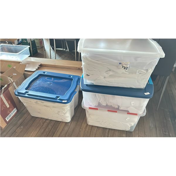 4 BINS OF WHITE RECTANGULAR TABLE CLOTHS