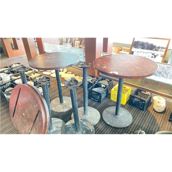 GROUP LOT OF 6X 36"DX43"H TABLES. HEAVY BASES. WOOD TOPS COULD USE REFINISHING.