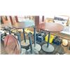 Image 1 : GROUP LOT OF 6X 36"DX43"H TABLES. HEAVY BASES. WOOD TOPS COULD USE REFINISHING.