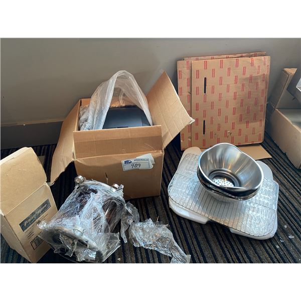 GROUP LOT OF NEW PAPER TOWEL DISPENSER, SOAP DISPENSER, FRANKE CUTTING BOARD AND STRAINER