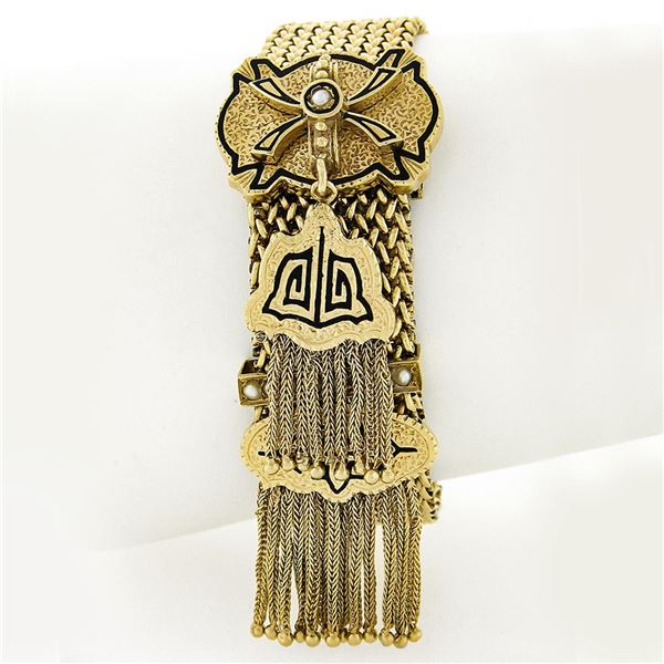 Vintage Victorian Revival 14k Gold Pearl Buckle Tassel Adjustable Mesh Bracelet