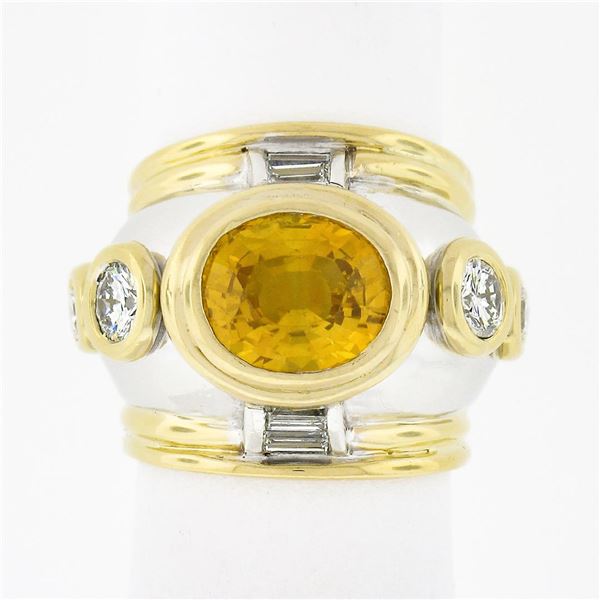 Vintage 18K TT Gold GIA Orange Yellow Bezel Sapphire & Diamond Unique Domed Ring