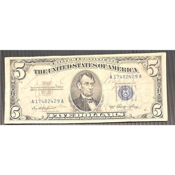 The Beatles Autographed $5 Bill All 4