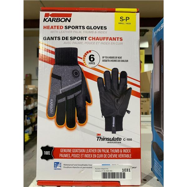 Karbon Heated Sports Gloves (S) with leather palm, thumb & index