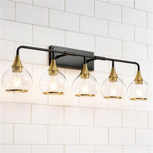 HAHZT Black and Gold Bathroom Vanity Light 5-Lights Bathroom Light Fixtures Over Mirror with Clear G