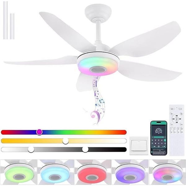 Kviflon Ceiling Fan With RGB Lights 46" Modern Low Profile Ceiling Fan with Light and Remote App Con