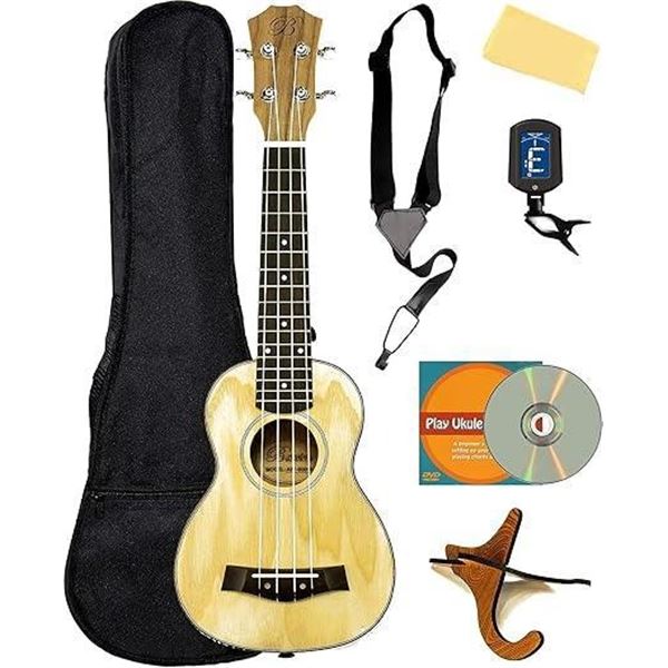 Barcelona Solid Top Ash Wood Soprano Ukulele Bundle with Gig Bag, Tuner, Stand, Strap, Austin Bazaar