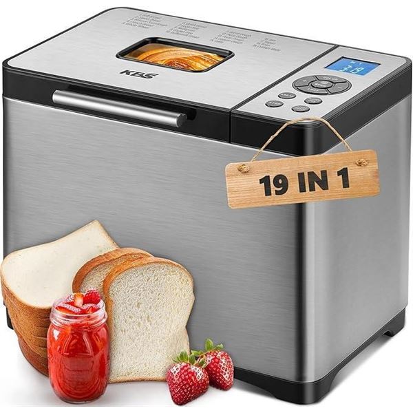 KBS 2LB Bread Maker, 19-in-1 Automatic Bread Machine Stainless Steel with Ceramic Pan,15H Timer&1H K