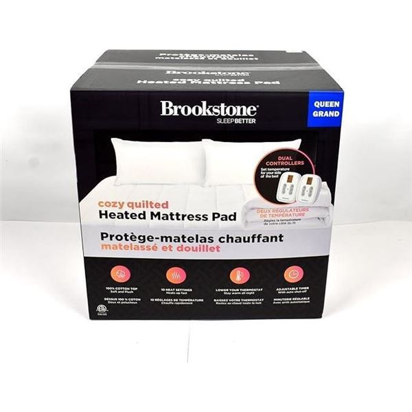 Brookstone 10 Heat Settings Cozy Quilted Heated Mattress Pad with Dual Controllers Size Queen, White