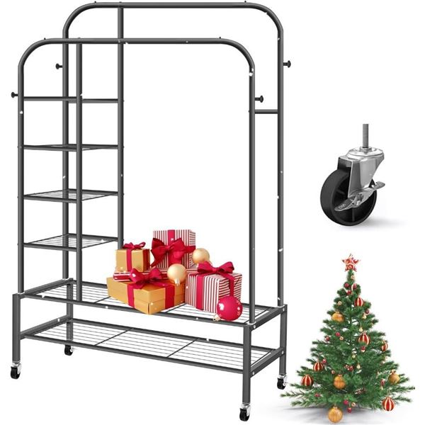 LING RONG Metal Clothes Rack, Double Rods Clothes Portable Closet on Wheels, Wardrobe Clothes Organi