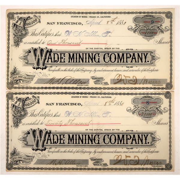 Wade Mining Company Stock Certificates (2) [192716]