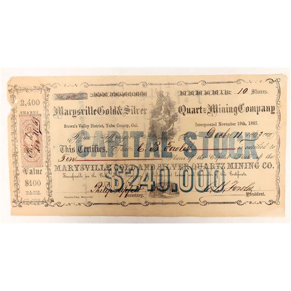 Marysville Gold & Silver Quartz Mining Stock, 1863, Rare [191696]