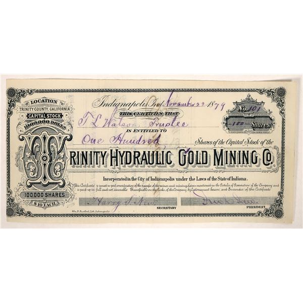 Trinity Hydraulic Gold Mining Stock, 1879, Rare [192046]