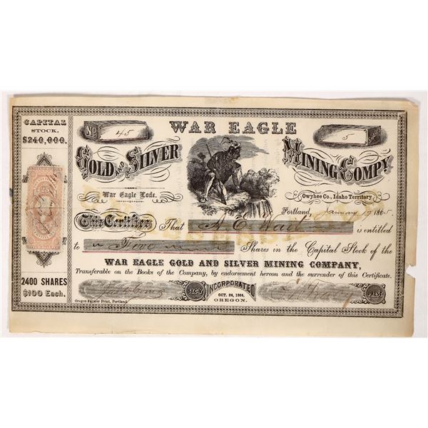 War Eagle Gold and Silver Mining  Stock, 1865, Rare [193467]
