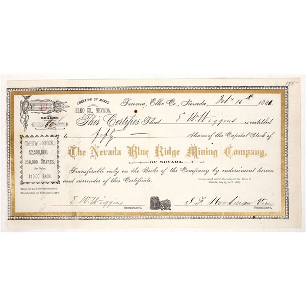 Blue Ridge Mine Stock Certificate, 1881 [192153]