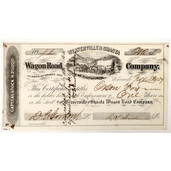 Weaverville & Shasta Wagon Road Company Stock, 1859 -- Very Rare! [191364]