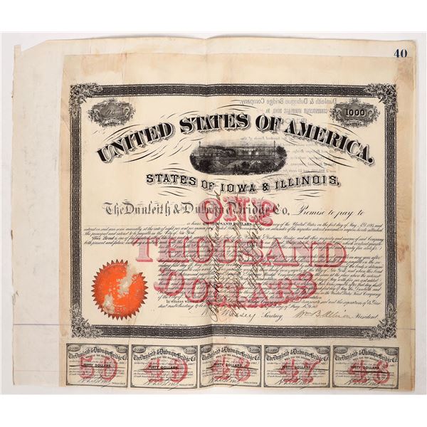 Dunleith and Dubuque Bridge Bond, 1868, Rare [191683]
