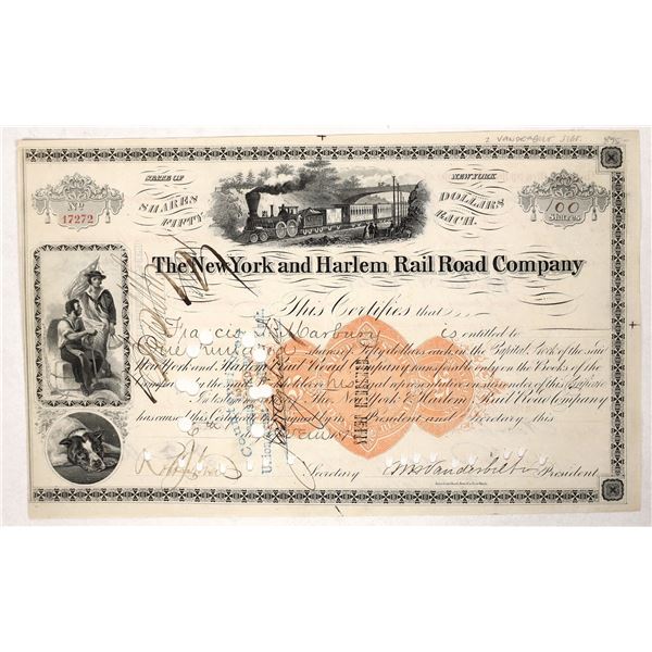 New York and Harlem Rail Road Stock, Rare RN & Vanderbilt Sig. [192070]